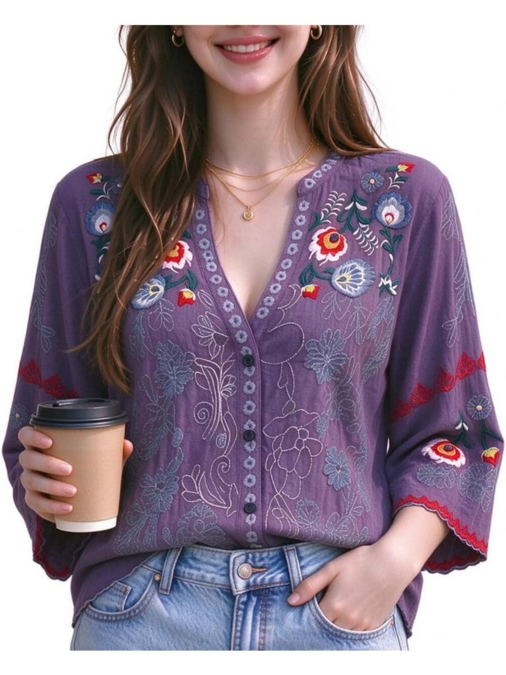 Embroidered Mexican Peasant Blouse | Boho 3/4 Sleeve V-Neck Tunic Top
